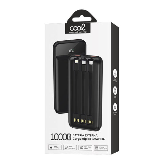 Carregador portátil universal 10.000 mAh, bateria externa, carregamento rápido, 22,5 W (3 cabos), preto