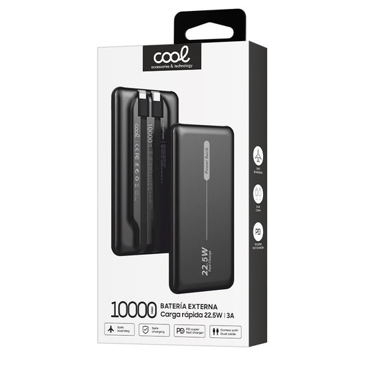 Carregador portátil universal 10.000 mAh PD 22,5 W, bateria externa (2 cabos), preto