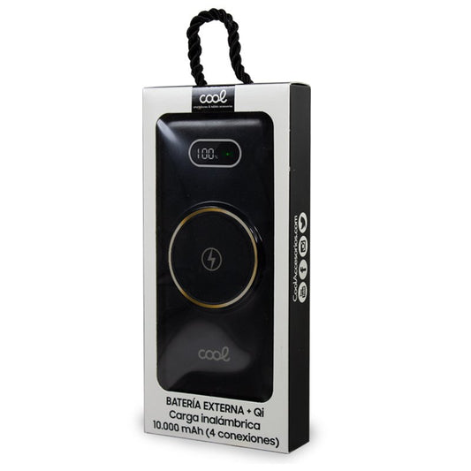 Carregador portátil universal 10.000 mAh, bateria externa + carregamento sem fios Qi (4 ligações), preto