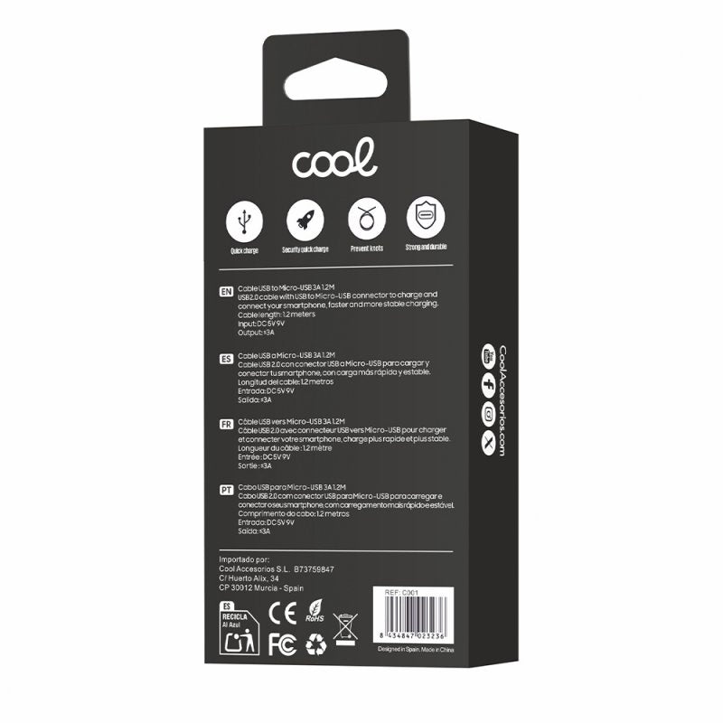 Cabo USB universal compatível COOL (micro-USB) 1,2 metros preto 2,4 amperes