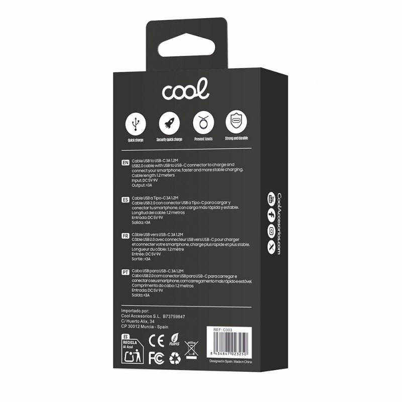 Cabo USB universal compatível COOL TIPO C (1,2 metros) branco 2,4 A
