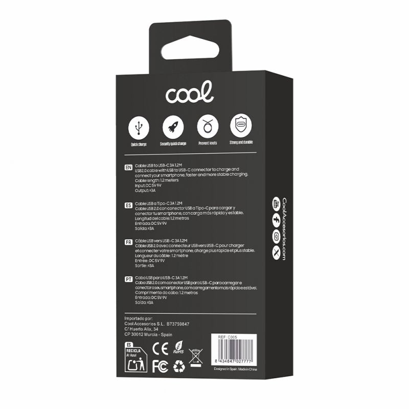 Cabo USB universal compatível COOL TYPE C (1,2 metros) preto 2,4 A