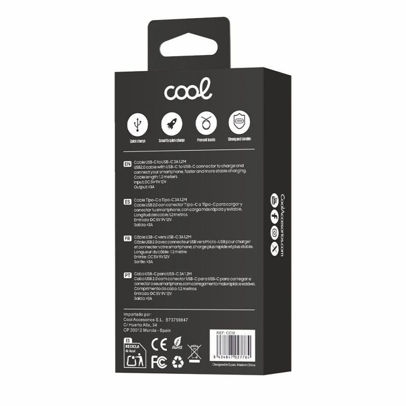Cabo USB universal compatível COOL TIPO C para TIPO C (1 metro) branco 3 A
