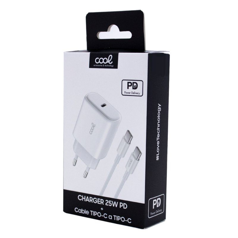 Cargador Red Universal Fast Adapt. (PD) Tipo-C COOL (25W) Blanco + Cable Tipo-C a Tipo-C