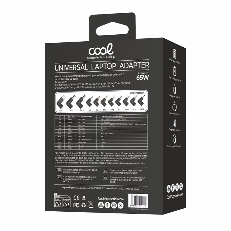 Carregador universal automático para portátil de 65 W + 11 conectores USB QC3.0