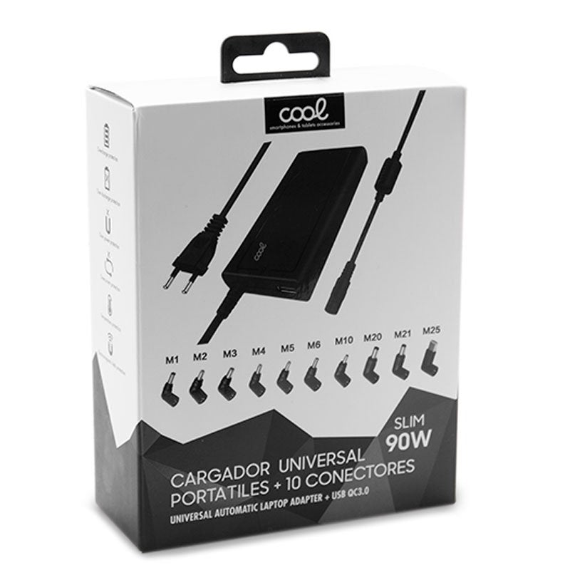 Carregador universal automático para portátil de 90 W, COOL Slim + 10 conectores USB QC3.0