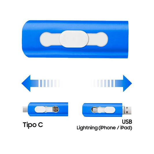 Pen Drive USB x64 GB COOL (3 em 1) Lightning / Tipo C / USB Azul