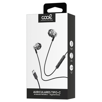 Auscultadores estéreo tipo C com botão e microfone (metal) prateados