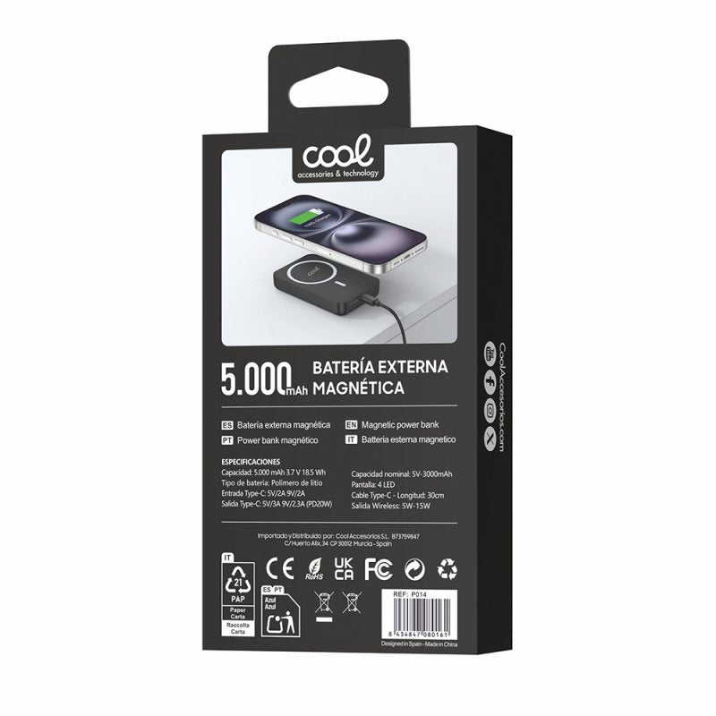 Bateria externa universal MAGNÉTICO Power Bank Qi 5000 mAh COOL Preto
