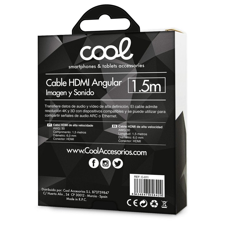 Cabo de áudio e vídeo universal HDMI para HDMI (1,5 metros) Angular Ultra 4K COOL