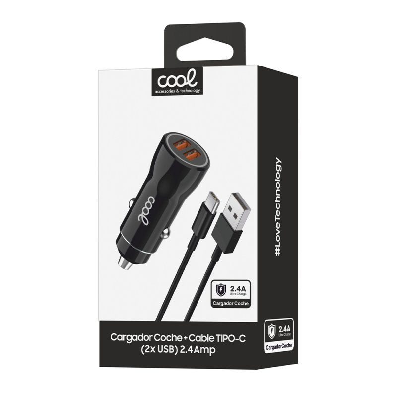 Cabo carregador de isqueiro tipo C (2 x USB) COOL 2.4A Kit 2 em 1 Preto