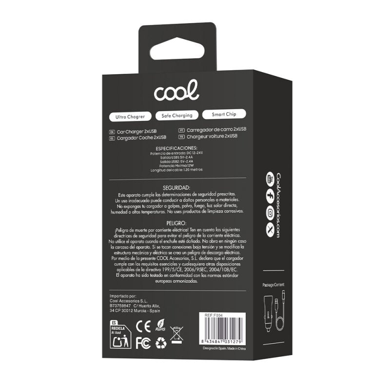 Cabo carregador de isqueiro tipo C (2 x USB) COOL 2.4A Kit 2 em 1 Preto