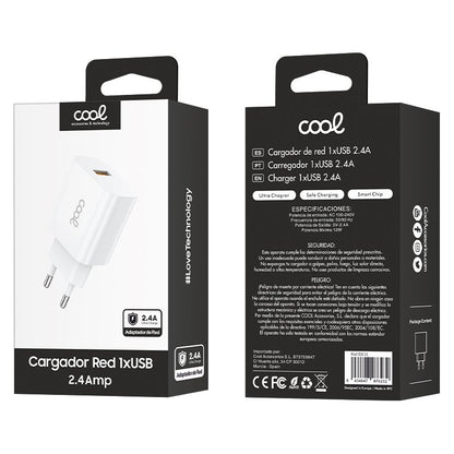 Adaptador de carregador de rede 1x USB Universal COOL (2,4 A) Branco