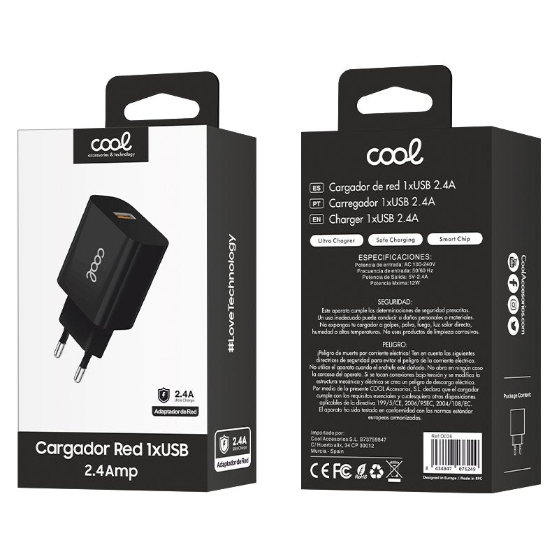 Adaptador USB universal COOL 1x, carregador de rede (2,4 amperes), preto