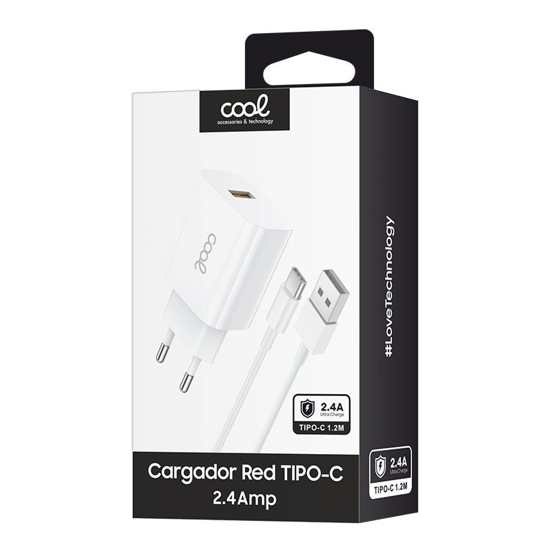 Cargador Red Conector Tipo-C (2.4 Amp) Universal COOL Kit 2 en 1 Blanco