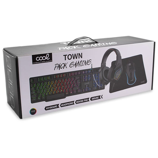 Pacote de teclado gamer USB Cool Town em espanhol + auscultadores + rato + tapete de rato
